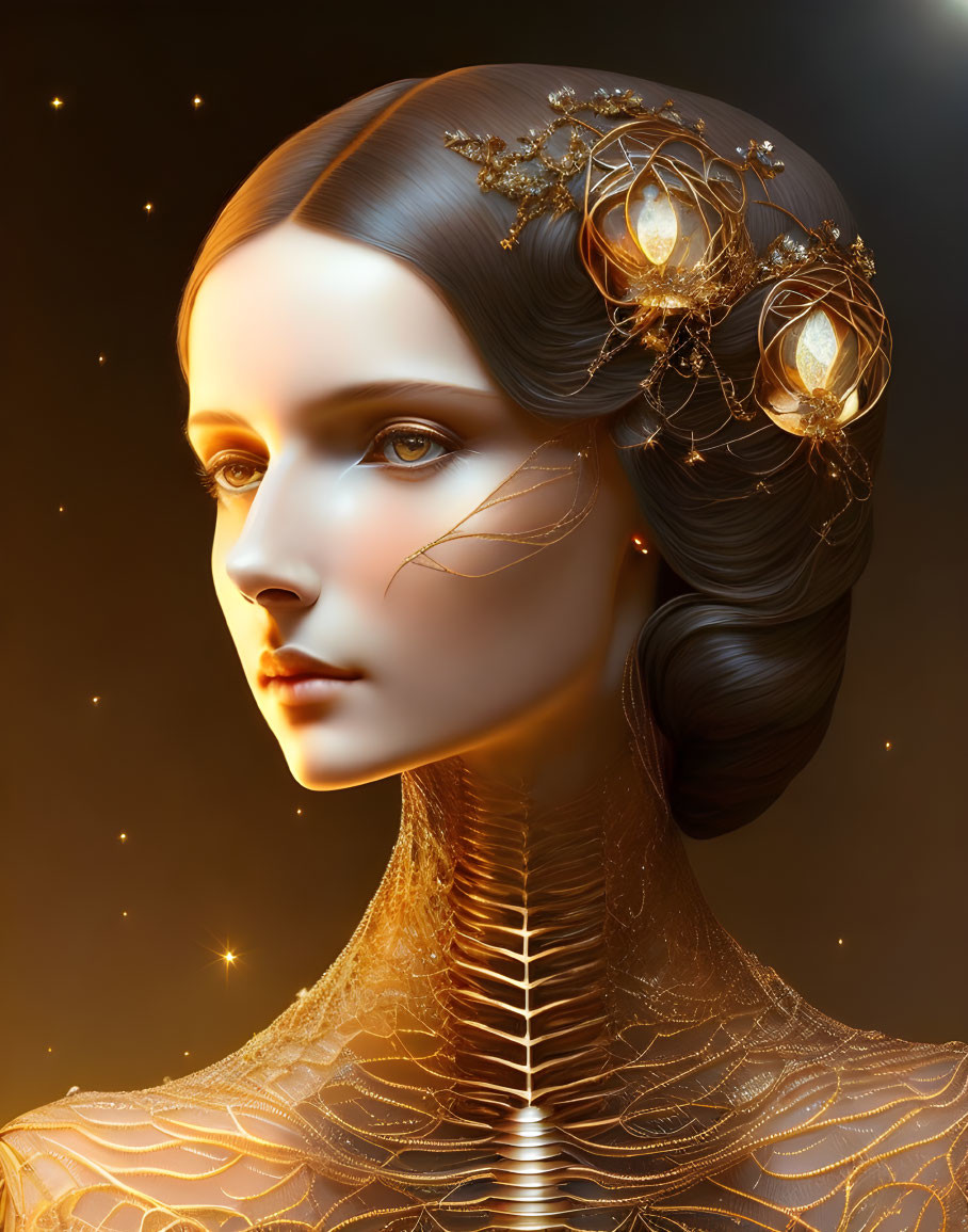 Elaborate golden headwear and filigree neckpiece on woman in digital portrait