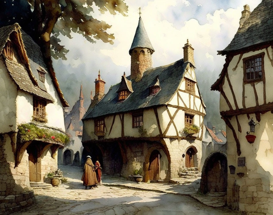 Medieval village with timber-framed houses and townsfolk in period attire