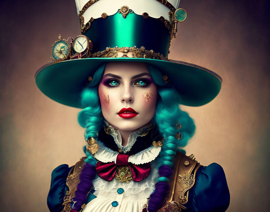 Woman with Blue Hair in Steampunk Outfit and Clock-adorned Top Hat