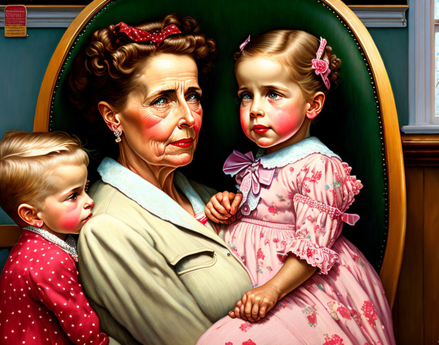 Illustration: Elderly woman with stern expression holding young girl and toddler.