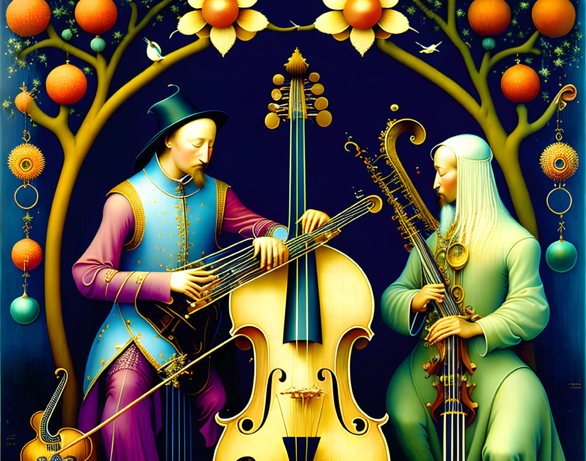 Stylized figures playing instruments near golden fruit tree