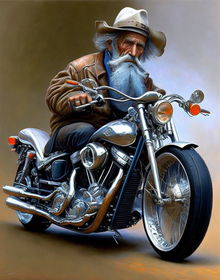 Elderly man with long beard and cowboy hat on classic motorcycle