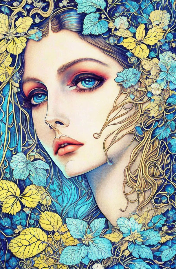 Colorful digital portrait of woman with blue flowers and golden leaves in hair