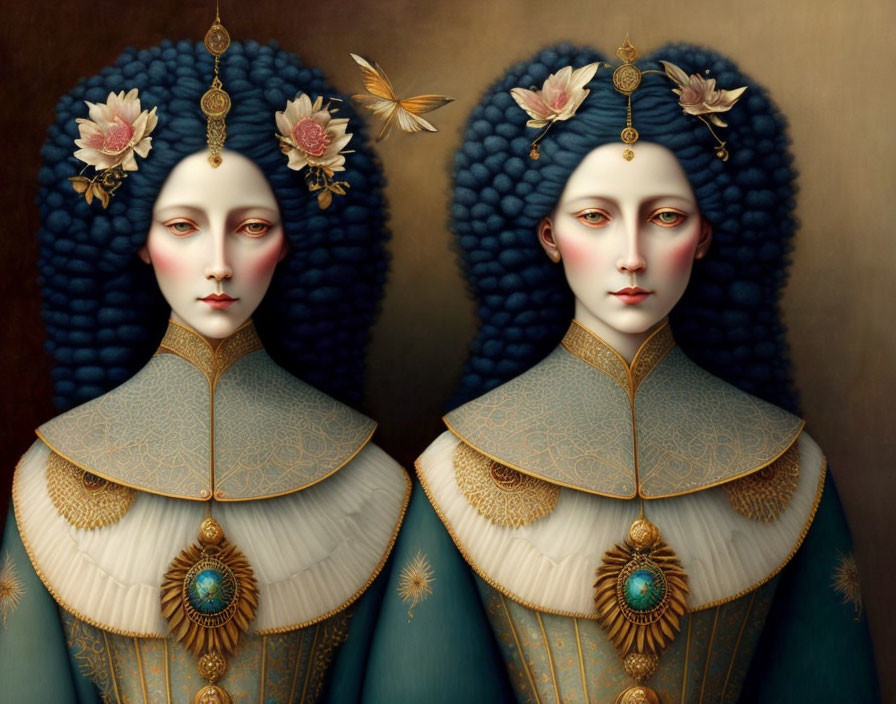 Two women portraits: pale skin, red lips, blue hair, adorned with flowers and butterflies, wearing