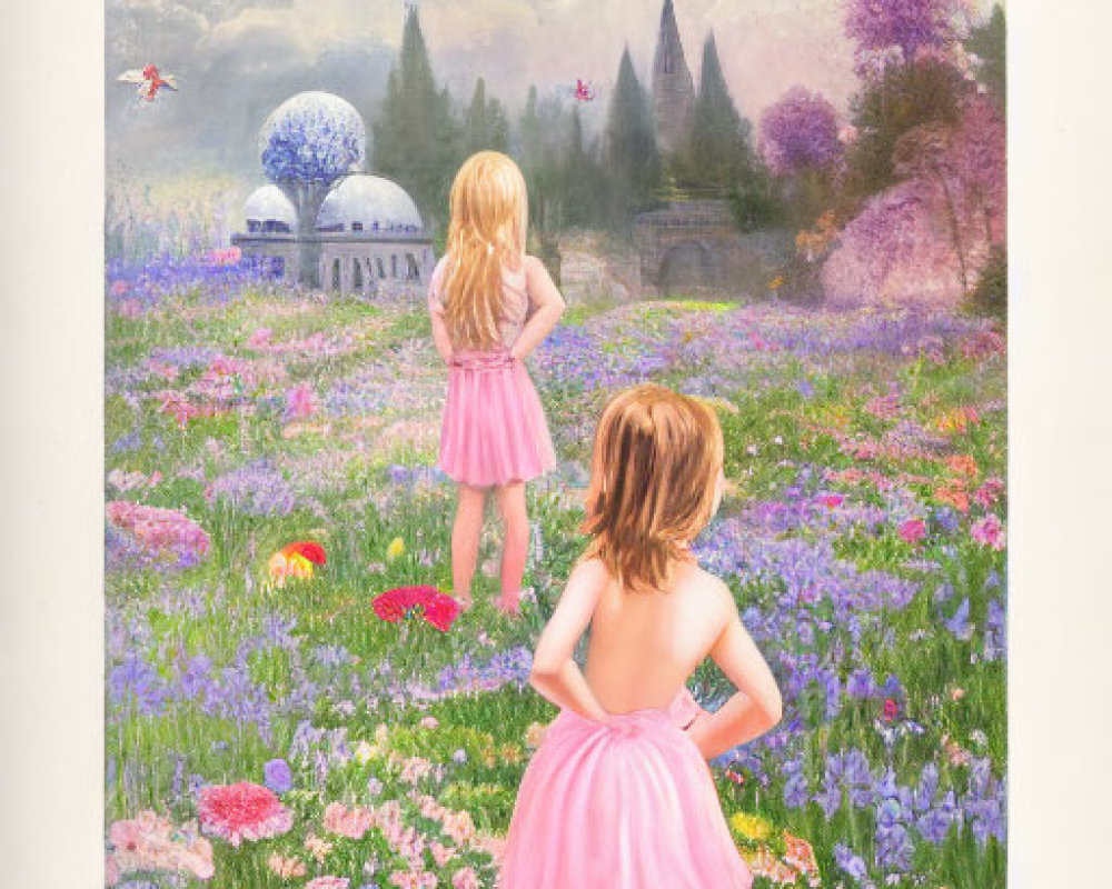 Two girls in pink dresses in a flower field with castle view