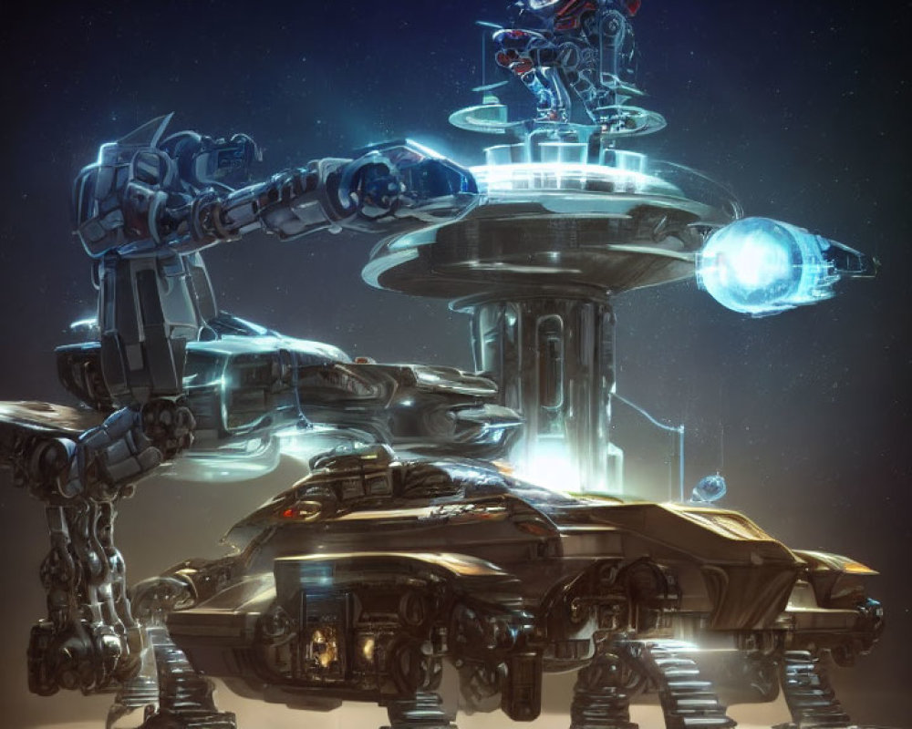 Futuristic sci-fi scene with large mech, sleek tank, glowing tower & starry sky