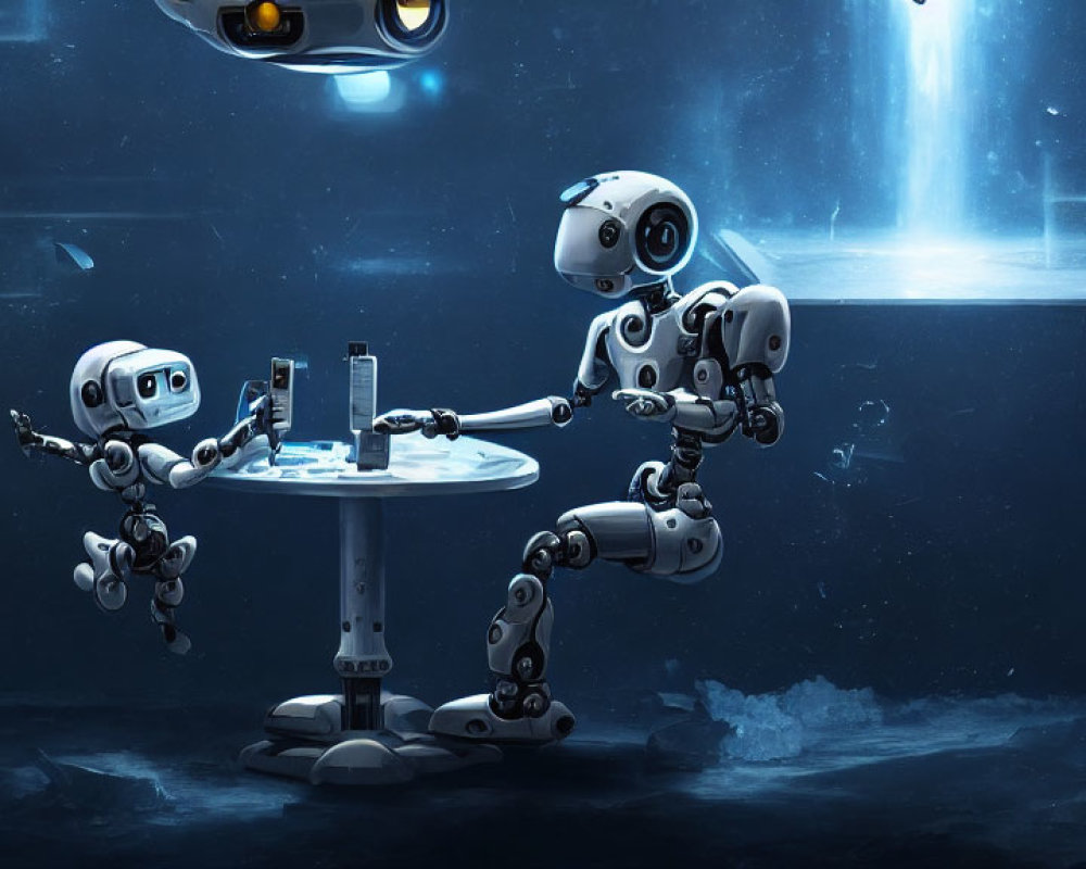 Futuristic robots in blue-lit ice-themed room interact at small table