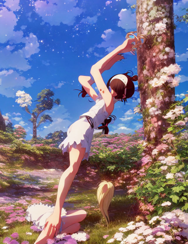 Black-haired animated girl in white dress admires blossoming tree on sunny day.