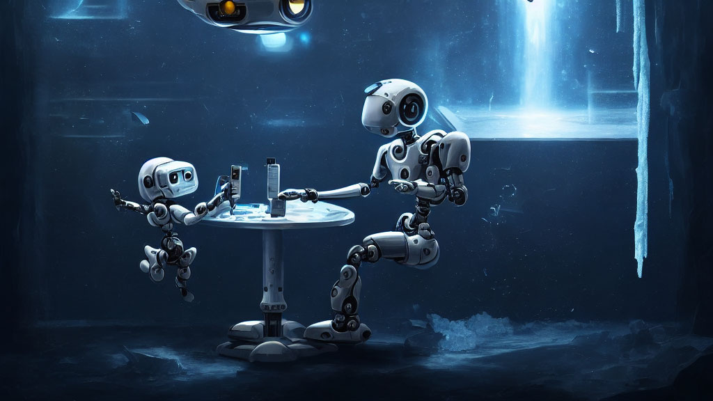 Futuristic robots in blue-lit ice-themed room interact at small table