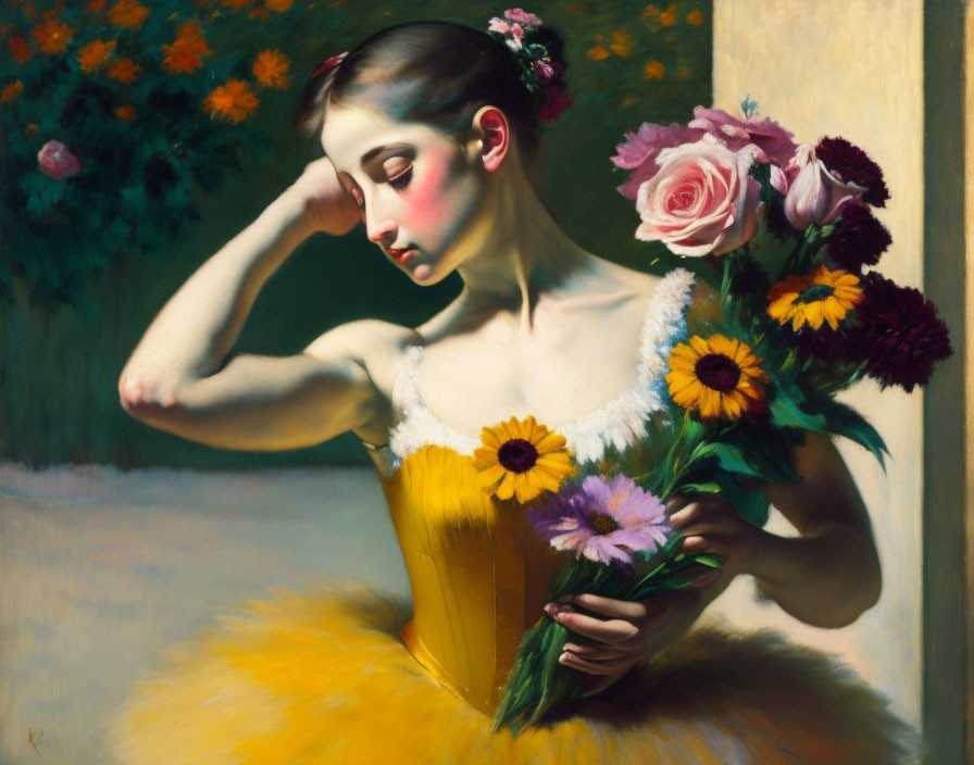 Pensive ballerina in yellow tutu with bouquet and floral backdrop