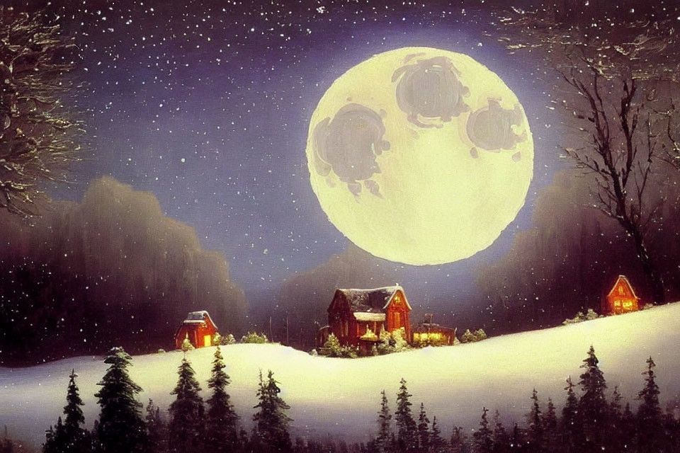 Winter landscape with full moon, snow-covered grounds, cozy houses, and silhouetted trees.