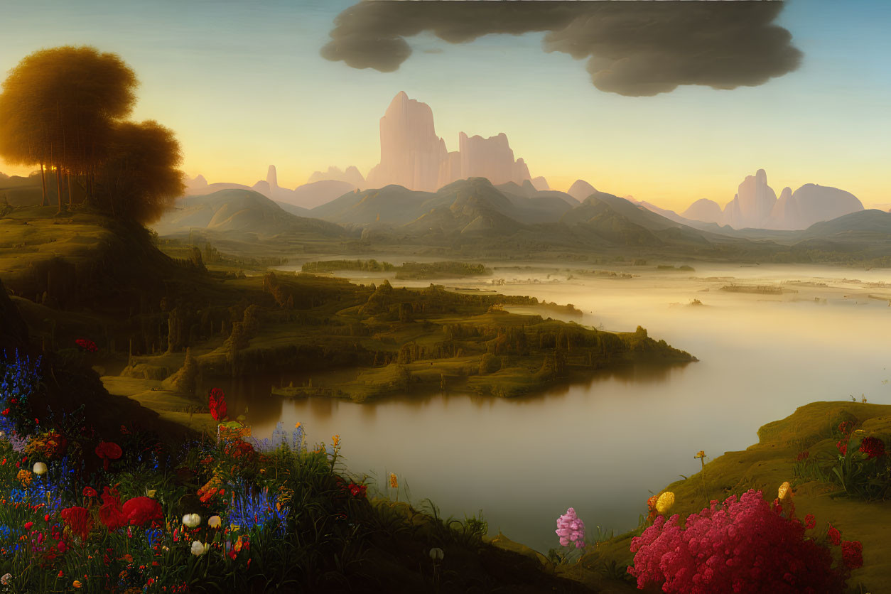 Serene landscape with river, hills, mountains, and wildflowers at sunrise