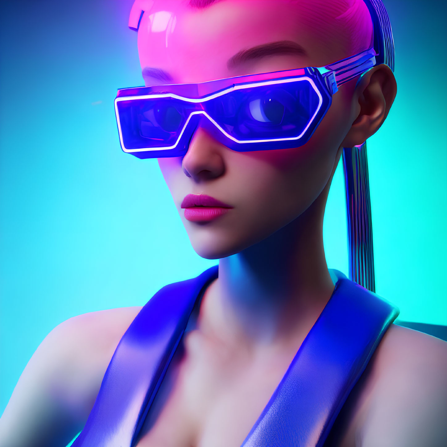 Futuristic female character with pink hair and blue glasses in cyberpunk style