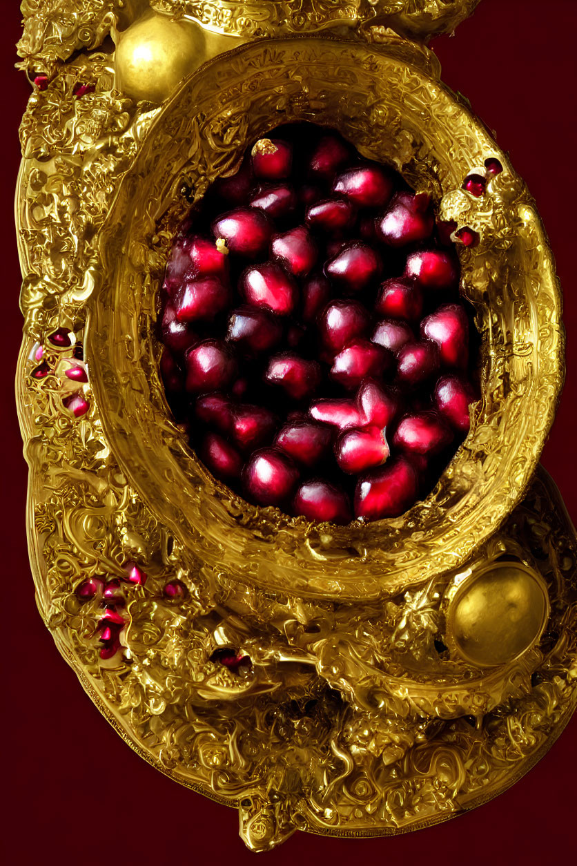 Detailed golden ornate bowl with overflowing red pomegranate seeds on deep red background