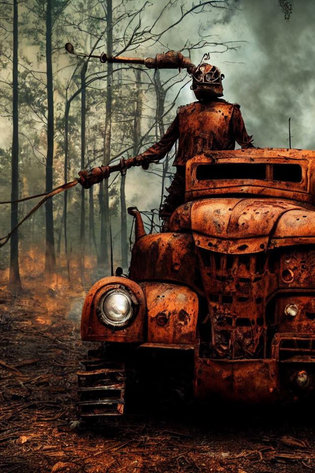 Rusty robot on tractor in burnt forest landscape