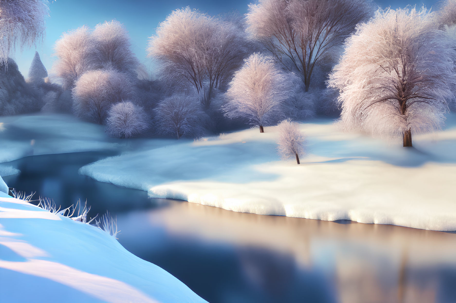 Frost-covered winter trees by gently flowing river at sunrise