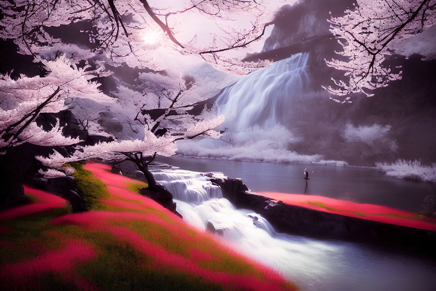 Tranquil waterfall surrounded by pink cherry blossoms and greenery