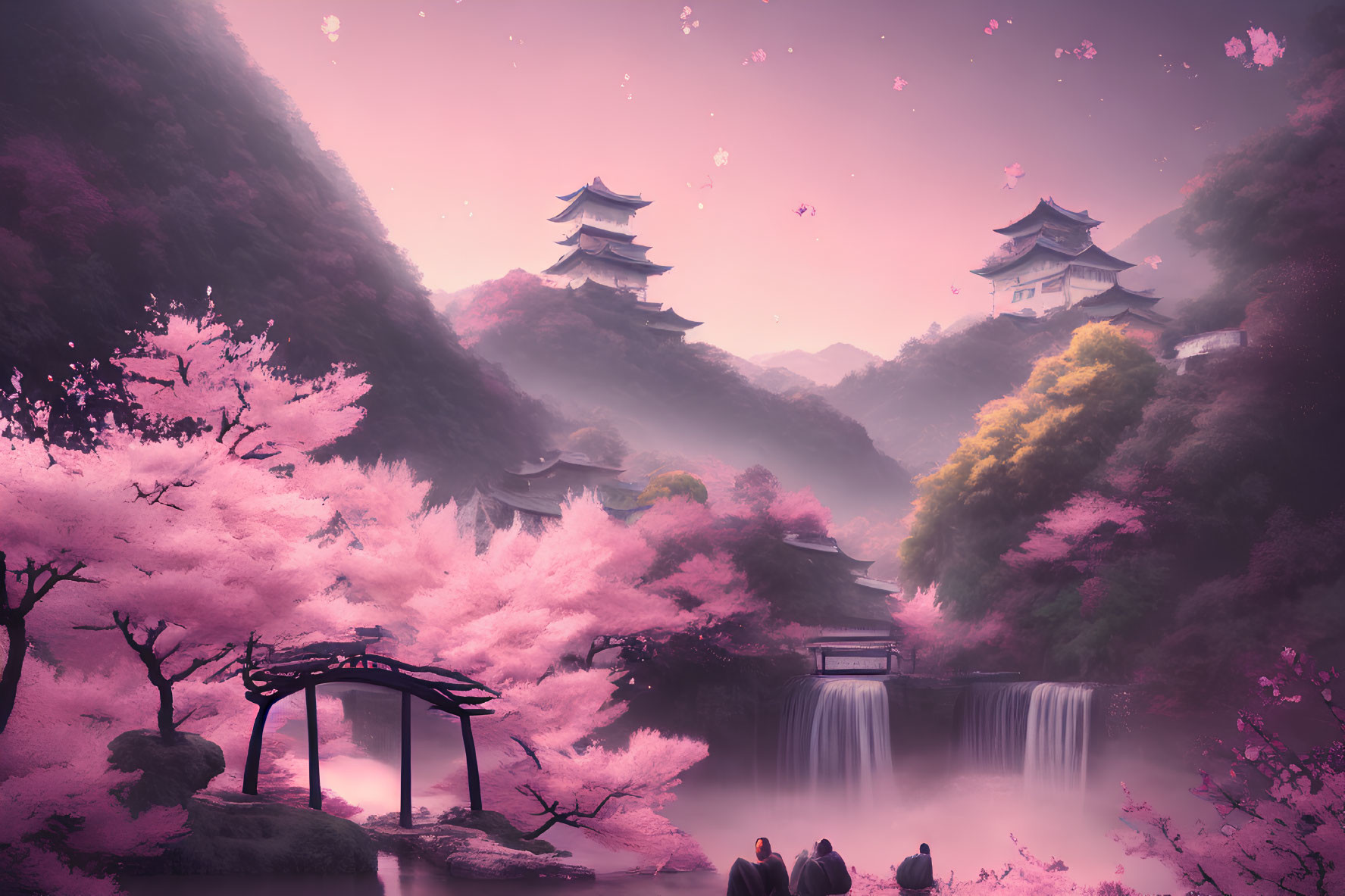 Tranquil landscape with cherry blossoms, pagodas, waterfall, and couple under arbor