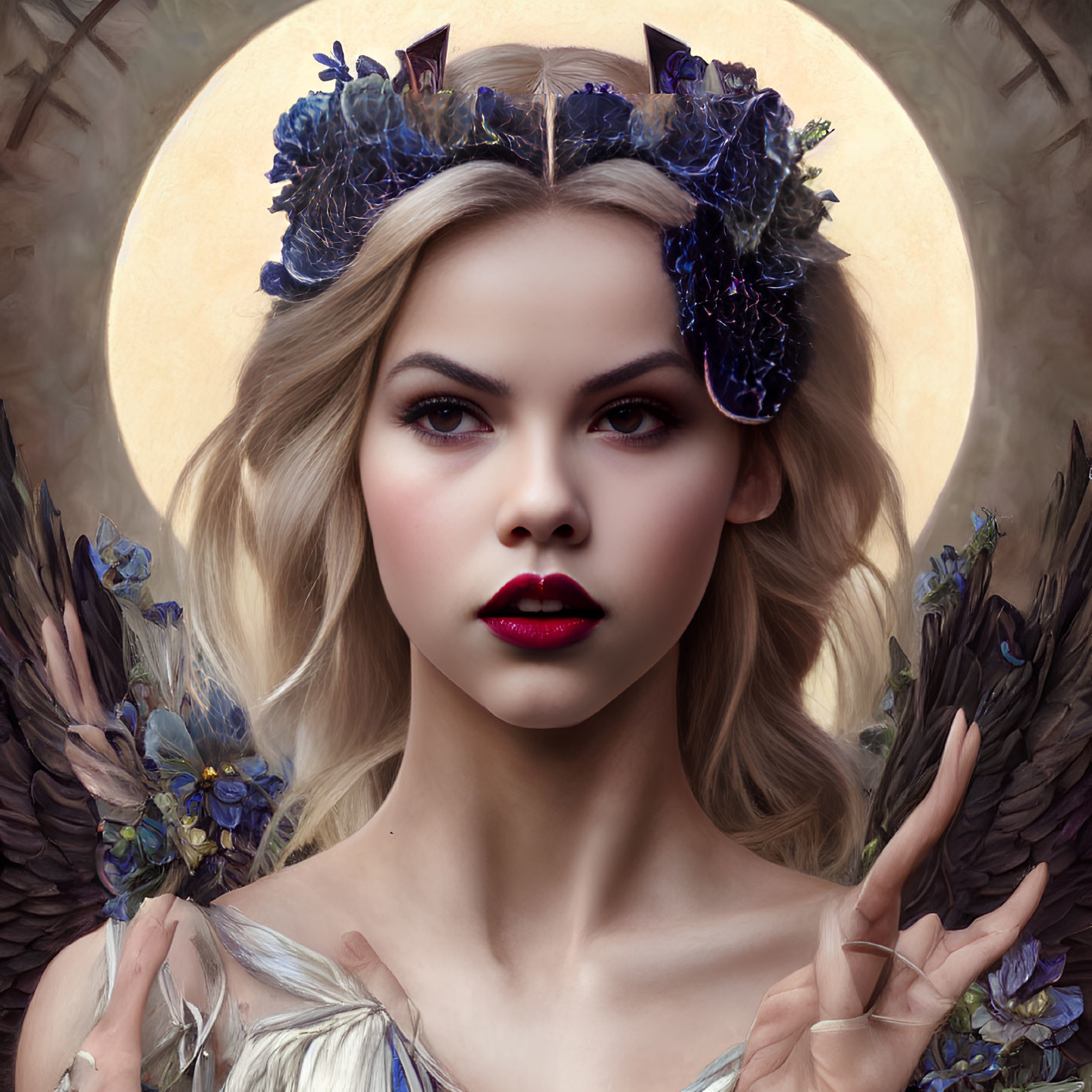 Portrait of a woman with angelic halo, dark floral crown, feathers, red lips, and intense