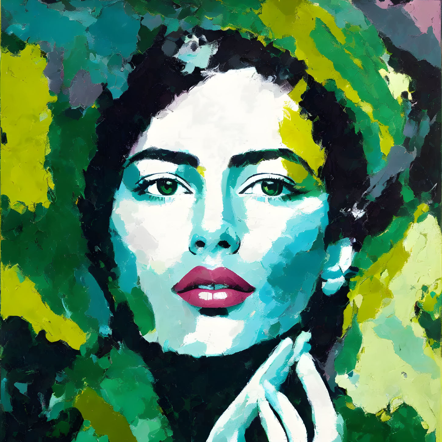 Vibrant abstract portrait of a woman with green eyes on colorful background