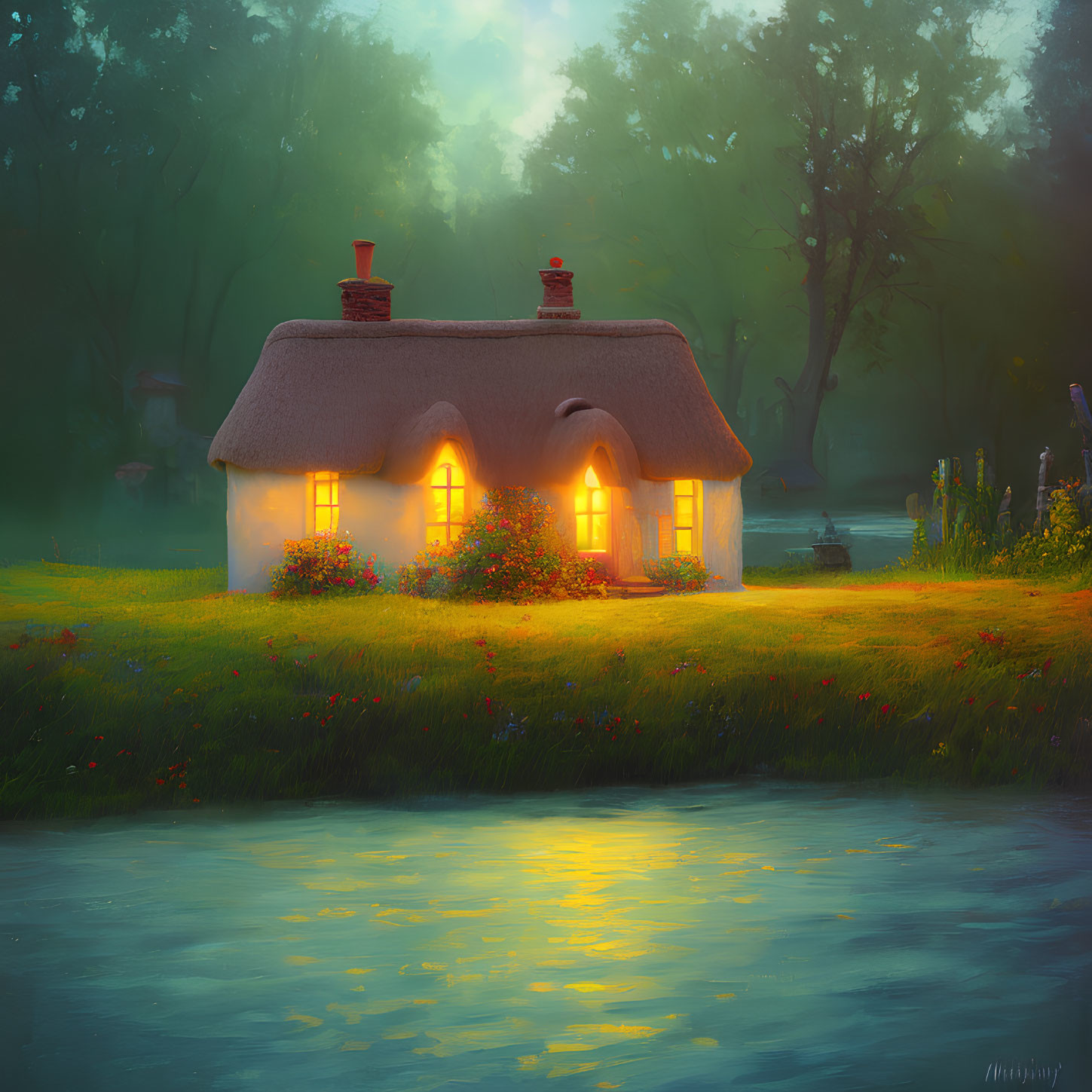 Thatched cottage by tranquil river in misty forest at twilight
