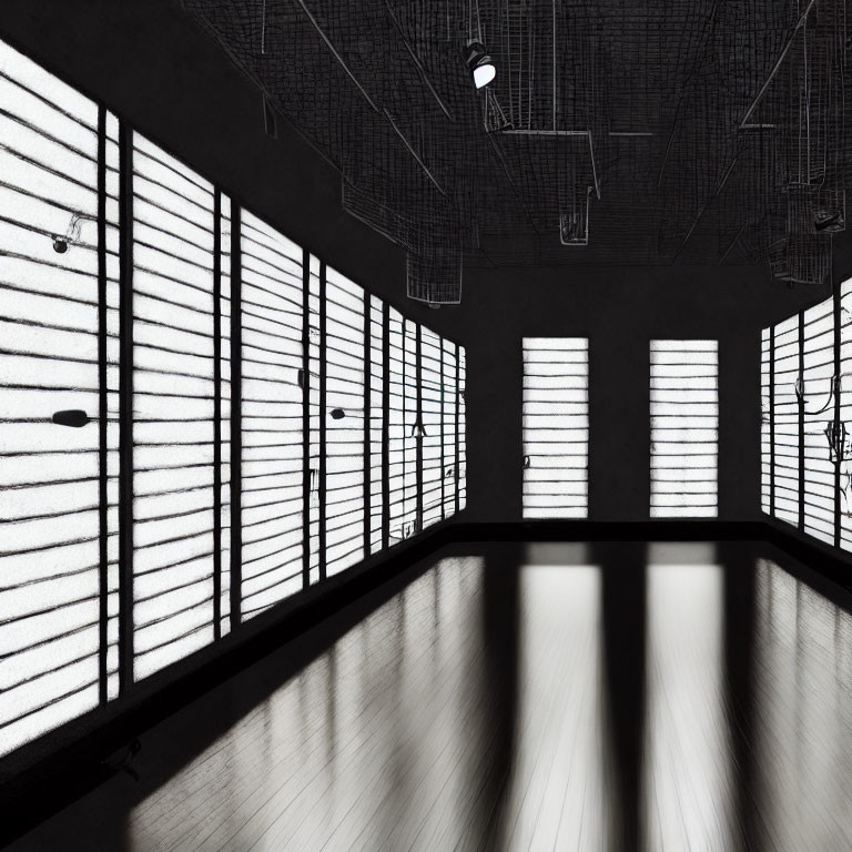 Monochrome interior with tall windows casting striped shadows