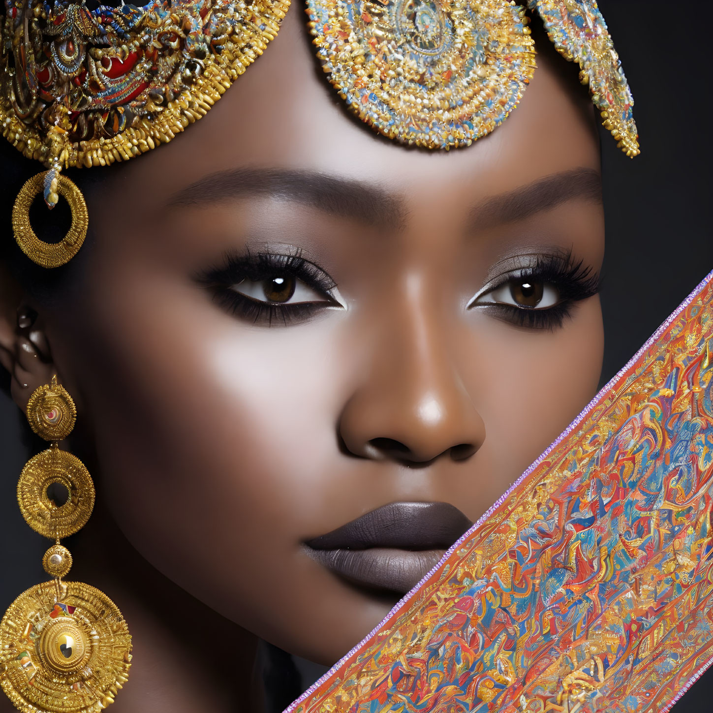 Detailed close-up portrait of woman with gold jewelry and patterned fabric.