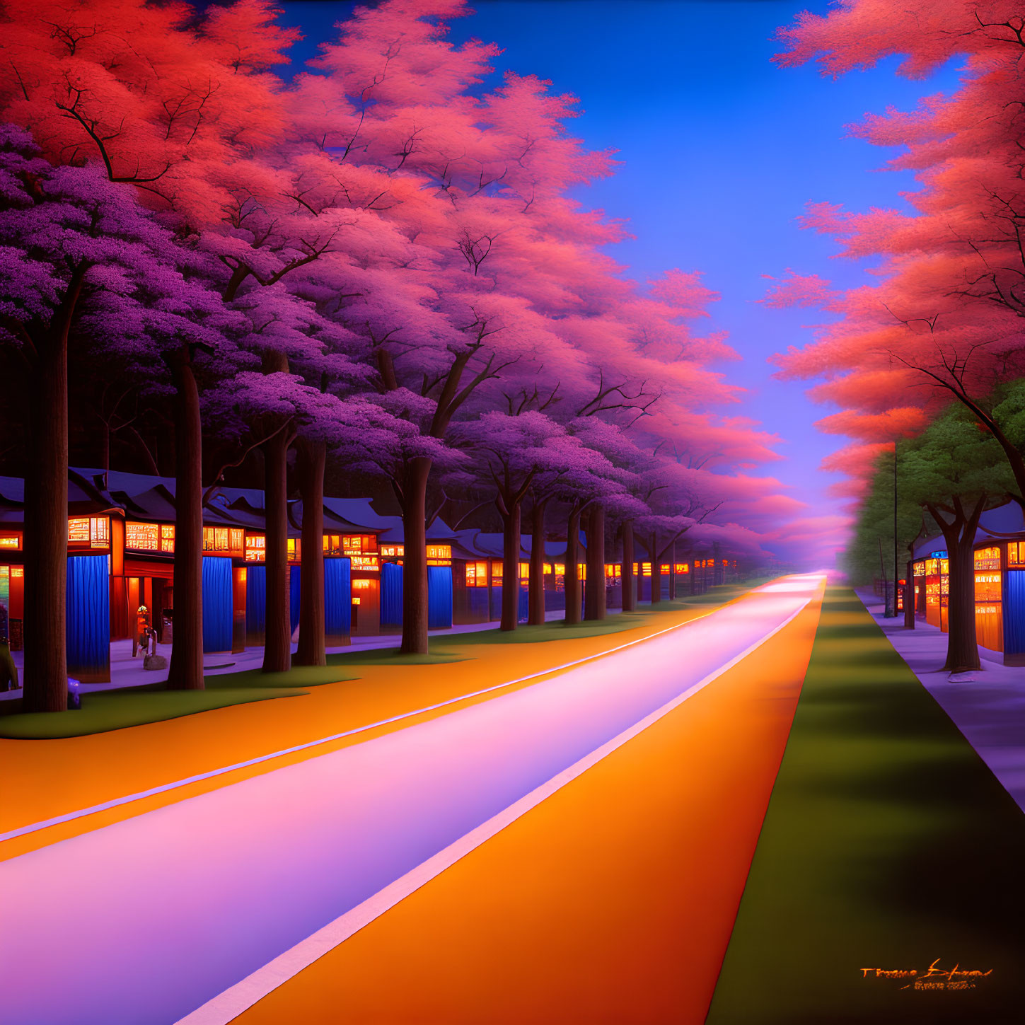 Vibrant illustration of tree-lined street at dusk with purple foliage