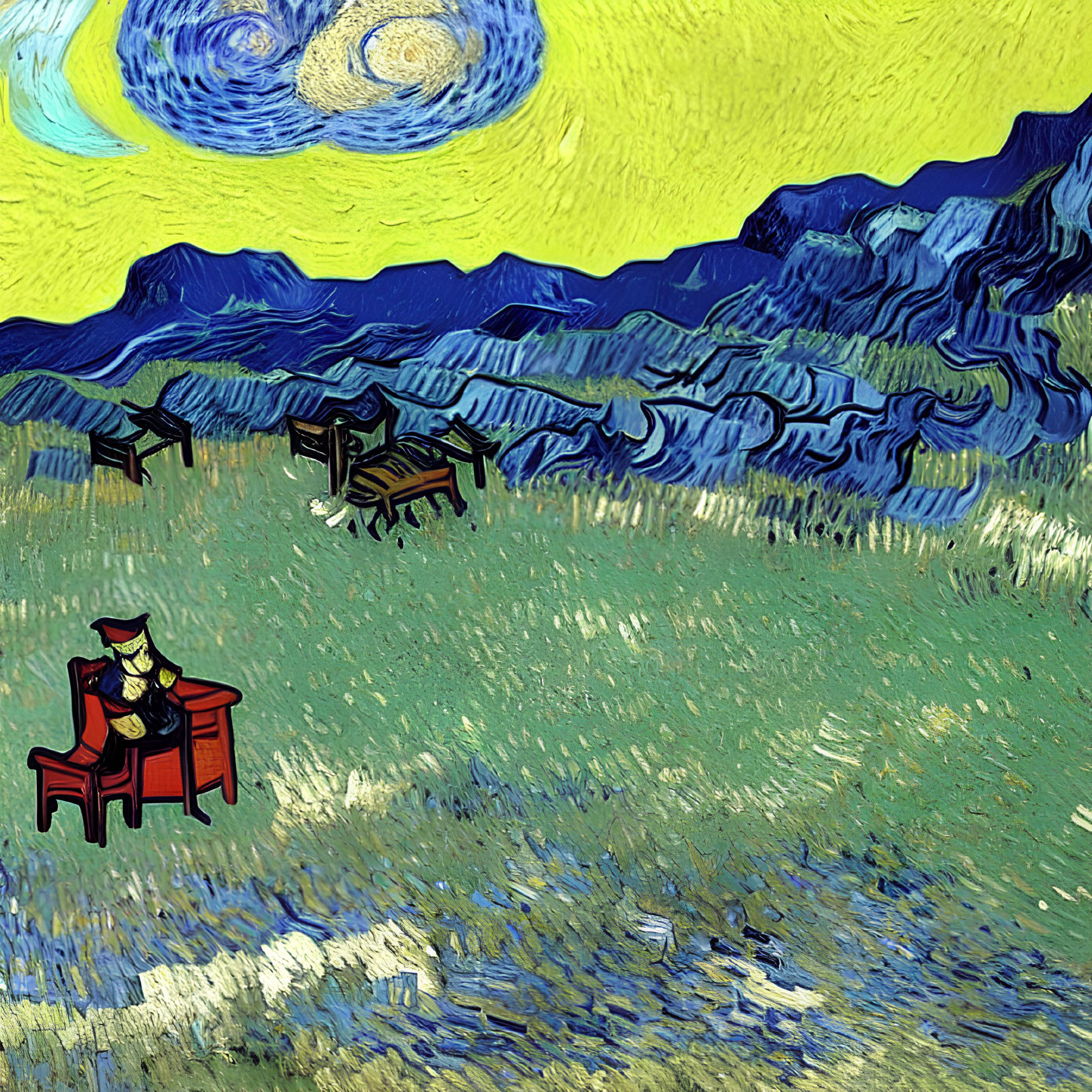 Whimsical artwork with swirling skies, mountains, a dog in a hat, and a red chair