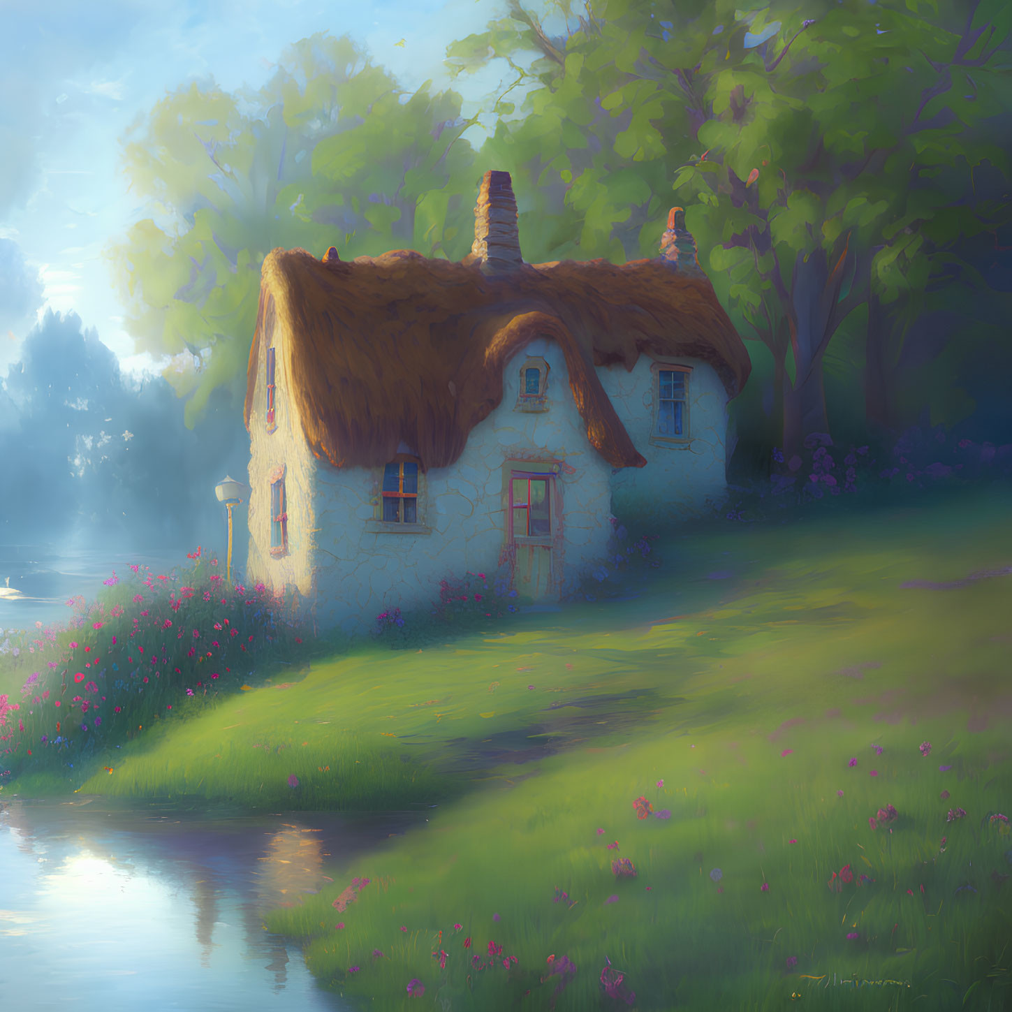 Thatched cottage with red windows in serene nature scene