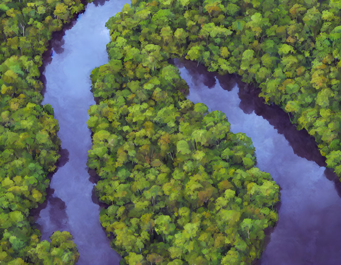 Aerial view of winding river through lush green forest