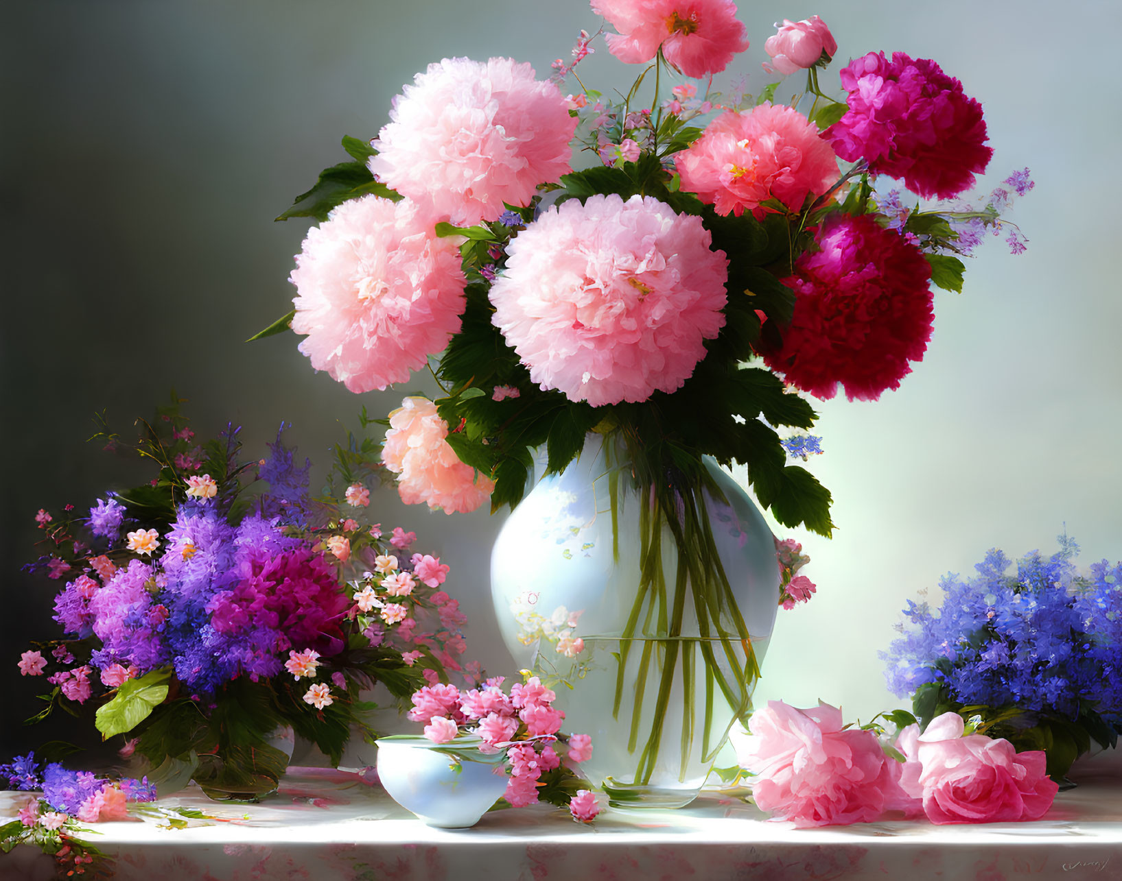 Colorful Still-Life Painting of Pink Peonies and Flowers on Table