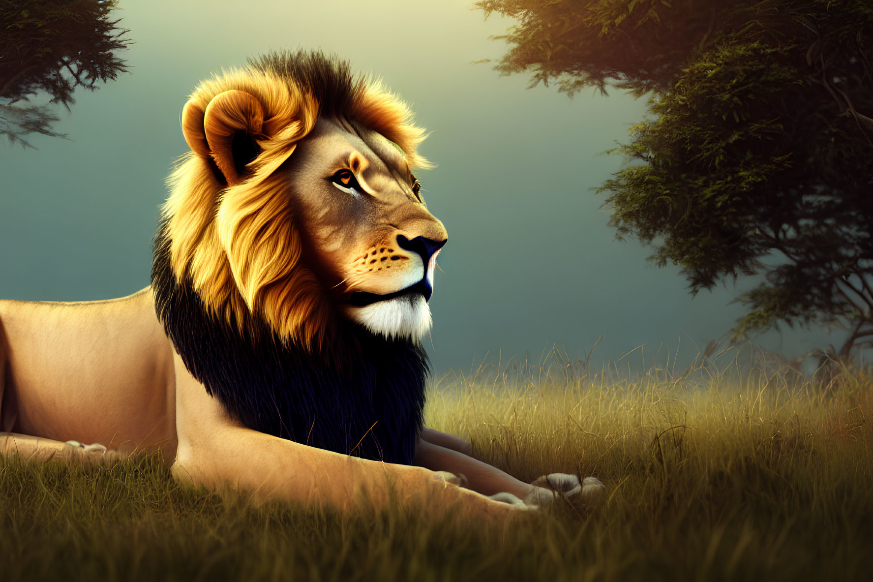 Regal lion with full mane in sunlit savanna.