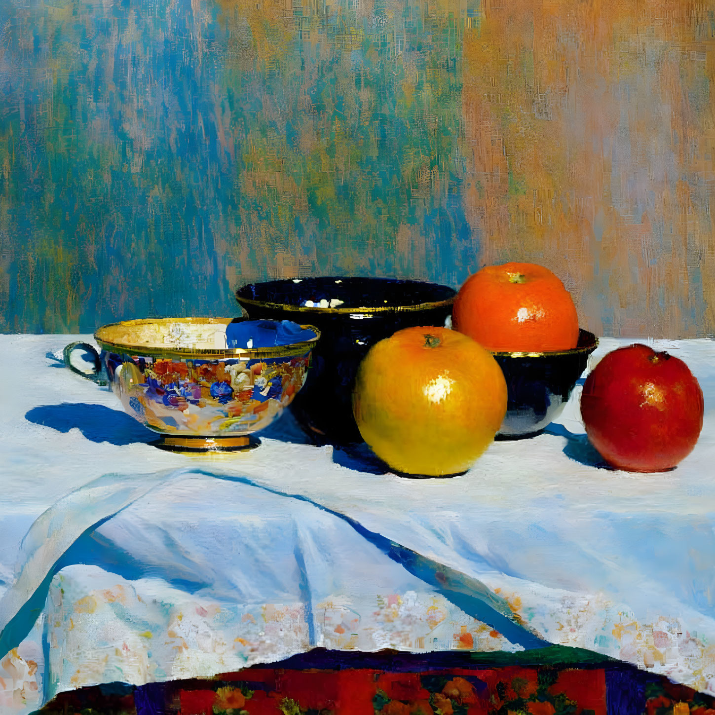 Decorated bowl, black dish, citrus fruits on white cloth, blue and beige backdrop