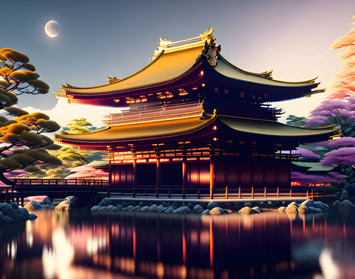 Traditional Japanese Temple Reflecting in Twilight Water