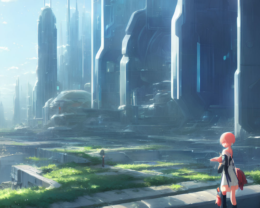 Red-haired person with backpack gazes at futuristic cityscape