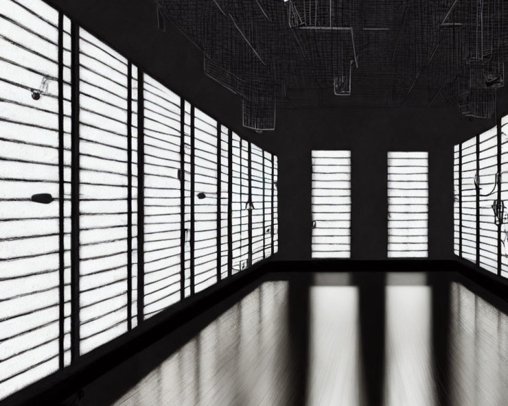 Monochrome interior with tall windows casting striped shadows