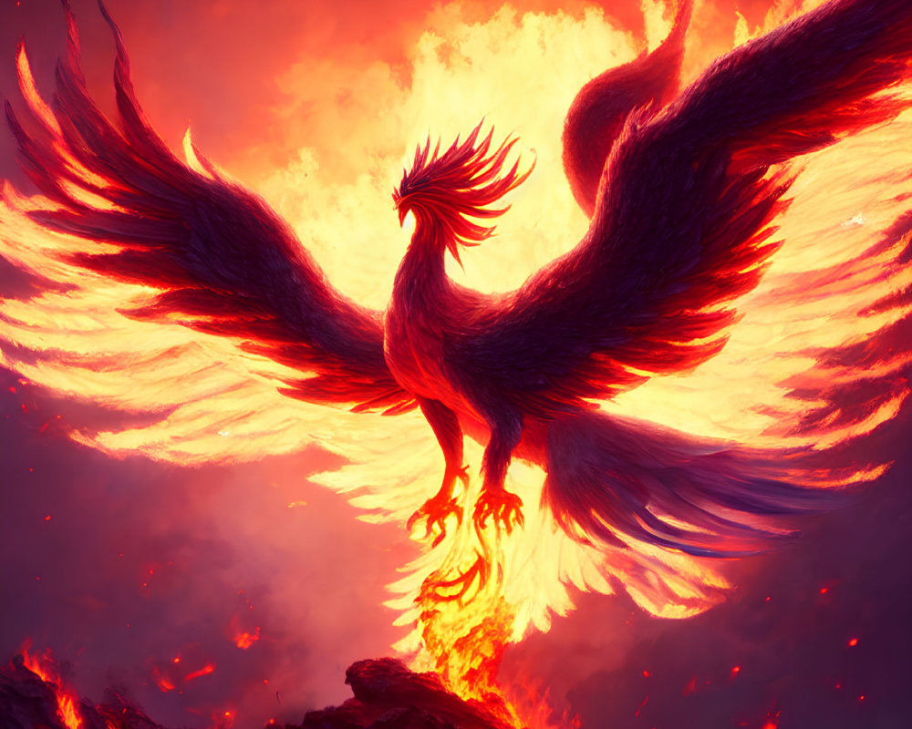 Majestic phoenix with fiery wings soaring over smoldering terrain