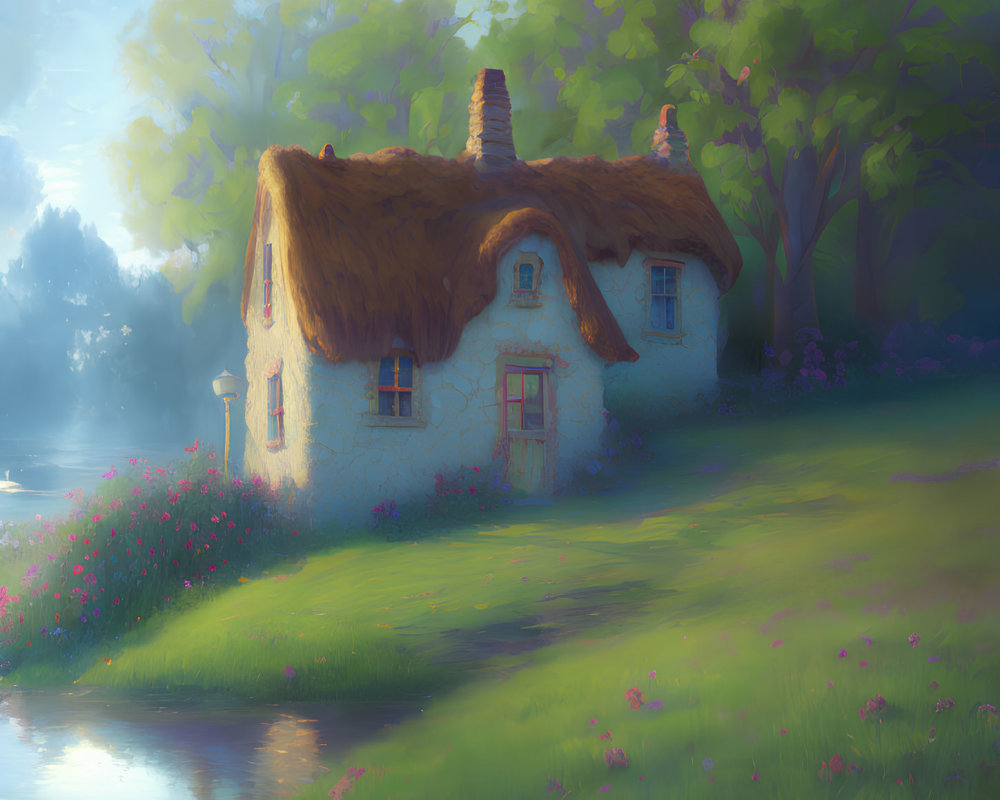 Thatched cottage with red windows in serene nature scene