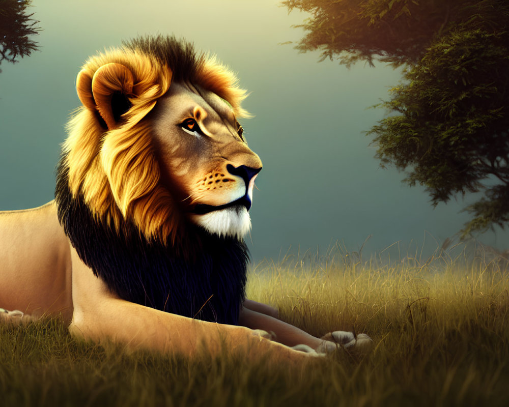 Regal lion with full mane in sunlit savanna.