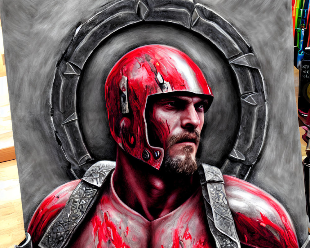 Bearded warrior in red armor with bloodstains on metal backdrop