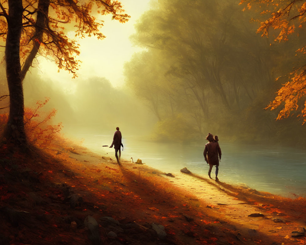 Tranquil autumn river scene with person and horse in misty sunlight