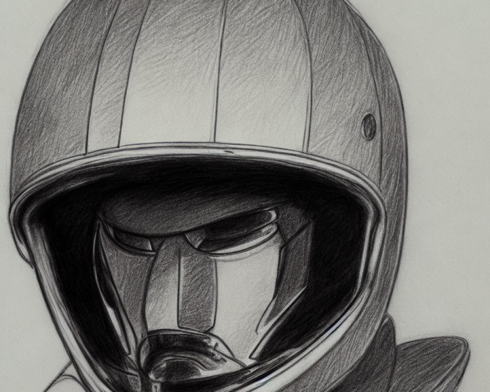 Detailed pencil sketch of person in full-face helmet with shading.