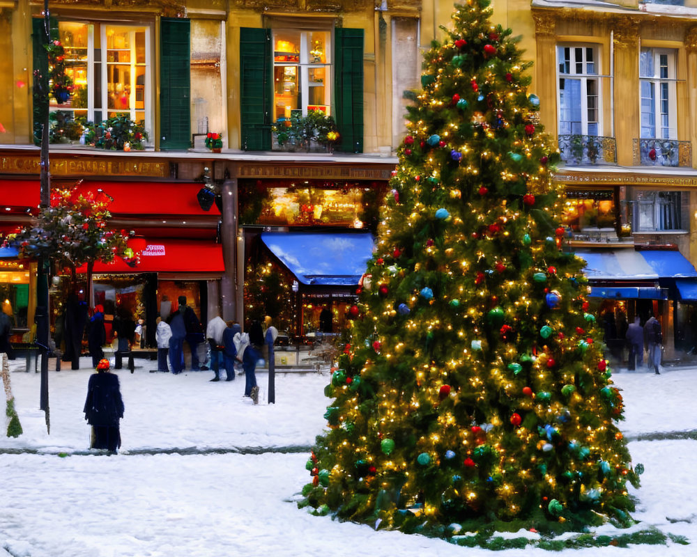 Colorful Christmas tree in snowy city square with lights and ornaments