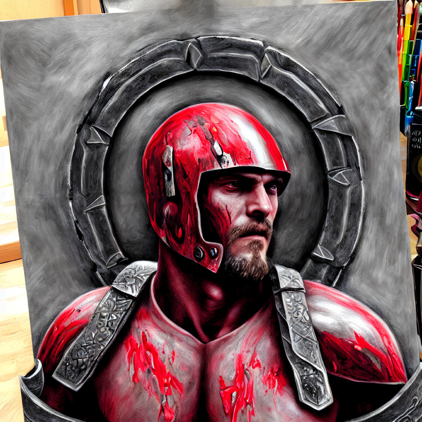 Bearded warrior in red armor with bloodstains on metal backdrop