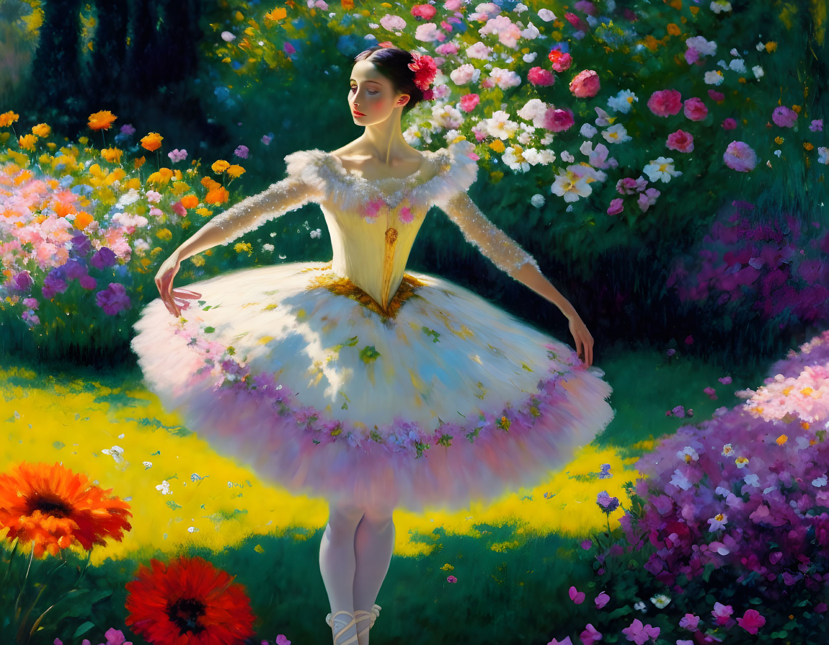 Ballerina in white tutu en pointe in flower-filled garden