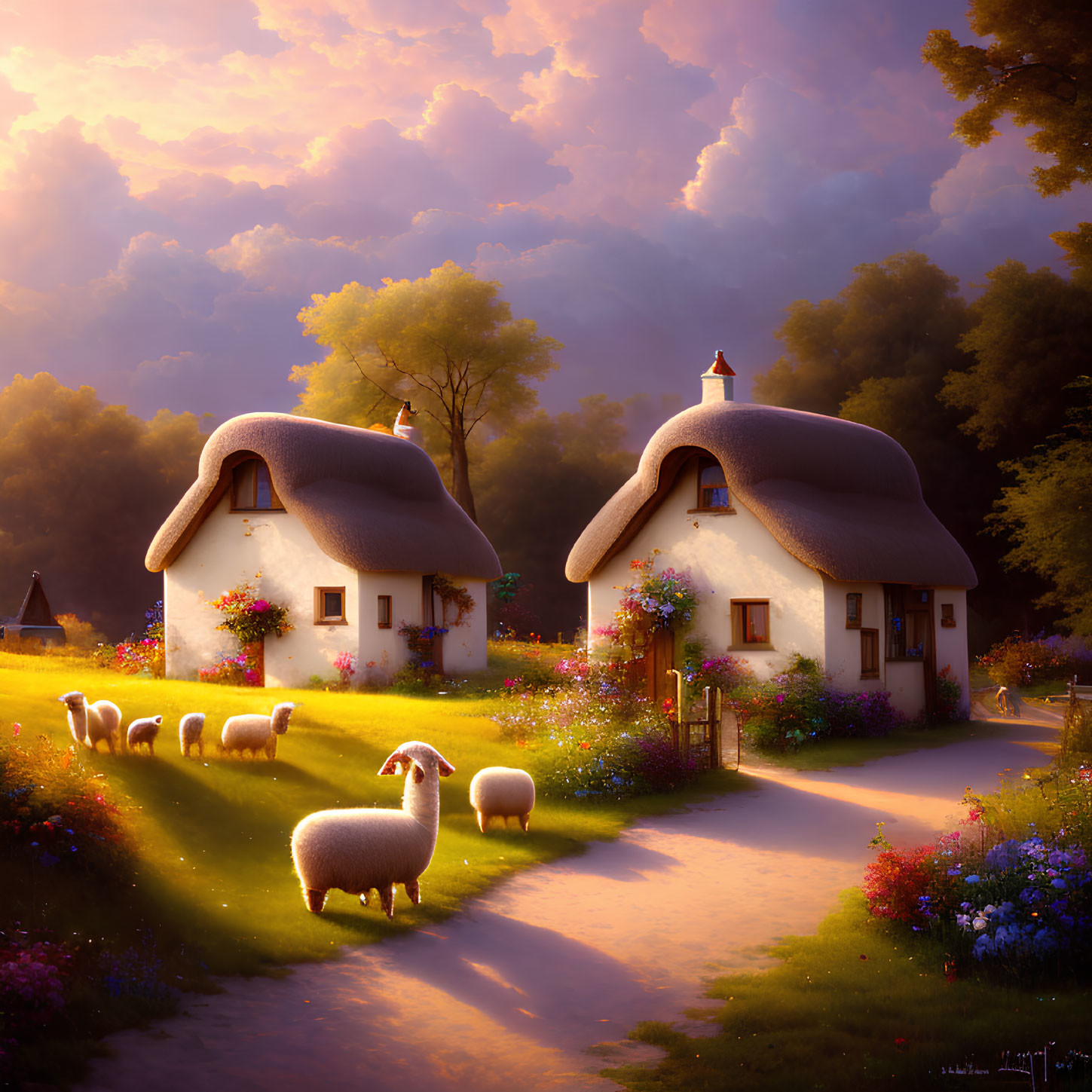 Rural scene: Thatched-roof cottages, sheep, and vibrant flowers at sunset