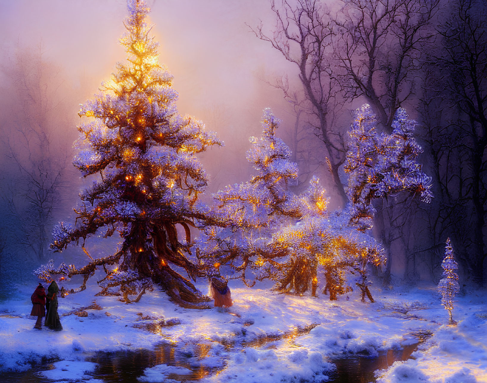 Snow-covered ground and illuminated trees in misty winter forest scene