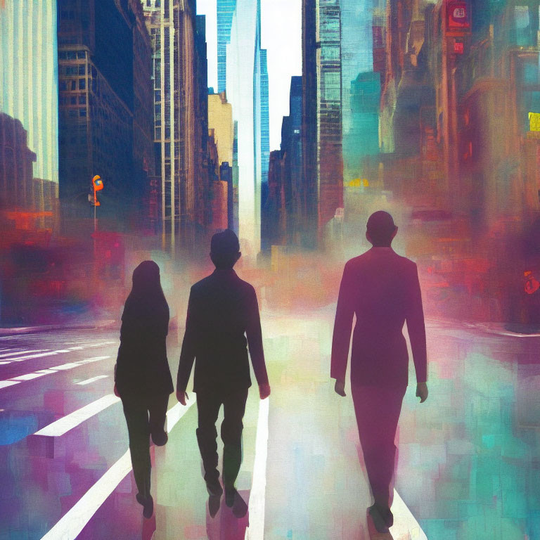 Vibrant urban street with silhouetted figures and skyscrapers