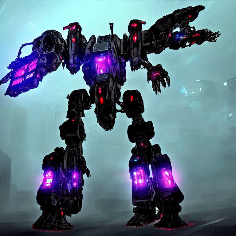 Glowing purple futuristic robot in sci-fi industrial setting